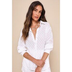 Lulus Sunny Culture White Textured Button-up Collared Long Sleeve Top - Size S